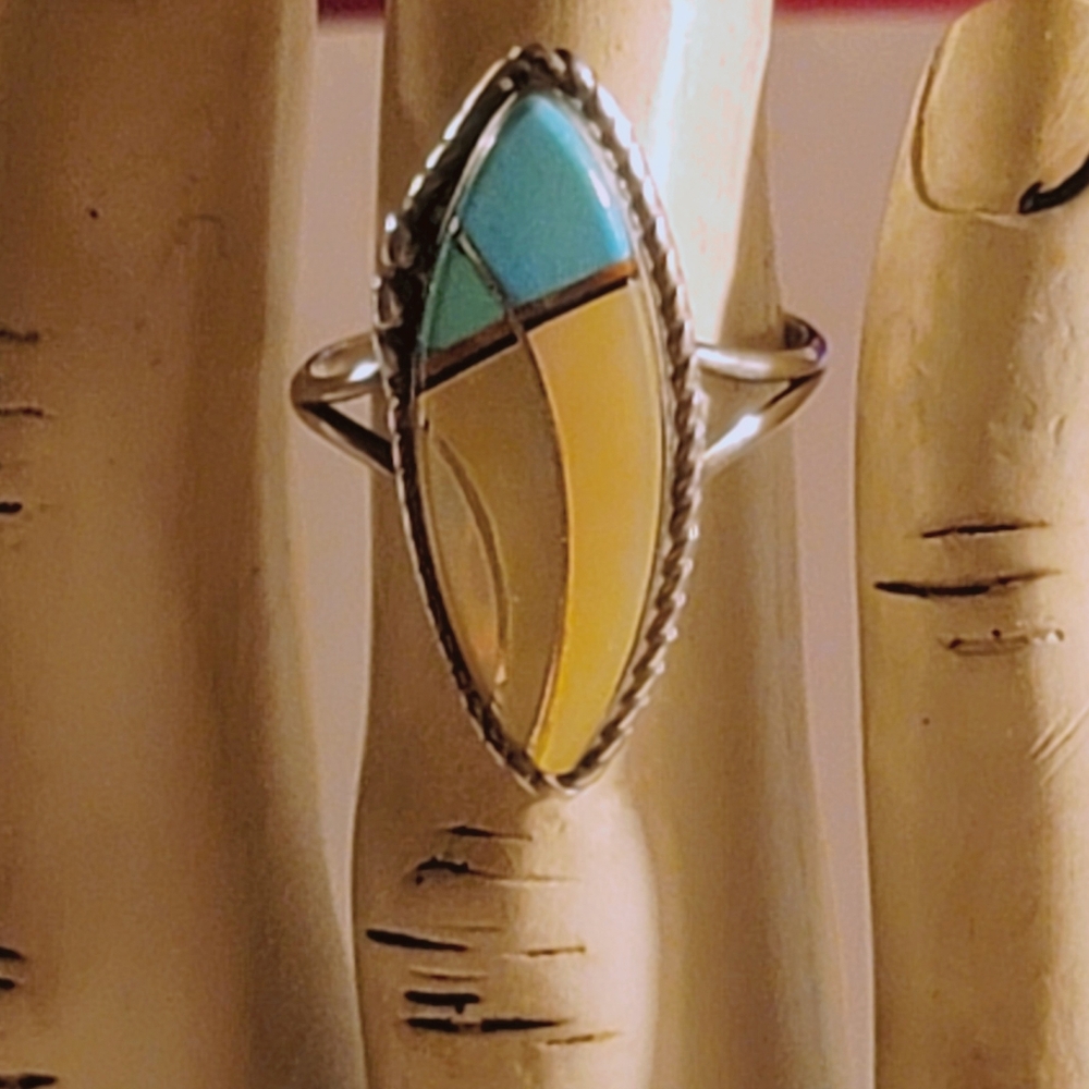 Vintage Sterling Silver Navajo Ring with Blue and Yellow Stone Signed